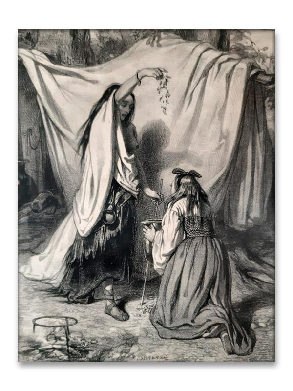Strega-alchimista all’opera per una pozione magica, secolo XVIII. Titolo: L’artiste – le philtre. Stampatore D’Aubert & C., autore Gavarni. Misure: cm. 20x30